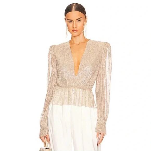Sabina Musayev Liya Revolve Gold Sparkly Sheer V Neck Blouse Top Size Medium - Picture 11 of 11